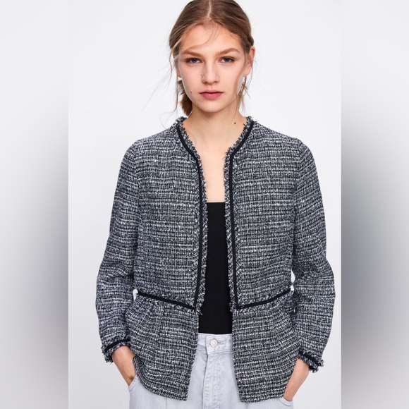 Zara Tweed Blazer, Buttonless, Black Piping, Small - Picture 1 of 12